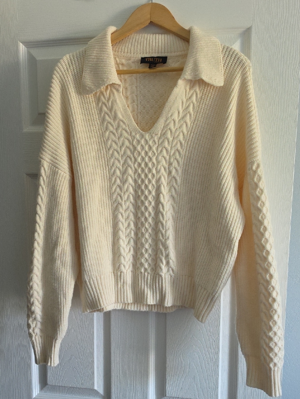 TRUTH Cream Cable Knit V-Neck Polo Sweater